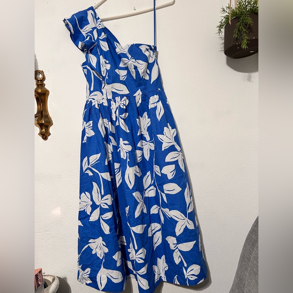 J. Crew Floral Blue One Shoulder Midi Dress
